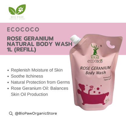 Ecococo Rose Geranium Natural Body Wash 1L (refill) (Expiry : 07/26)