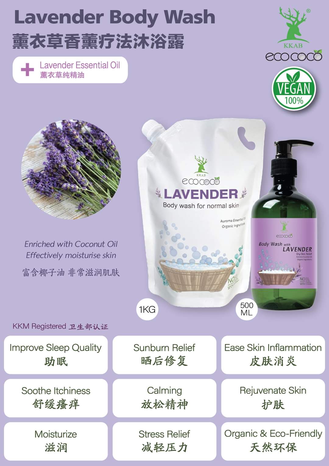 Ecococo Lavender Natural Body Wash 500ml (bottle) (Expiry : 07/26)